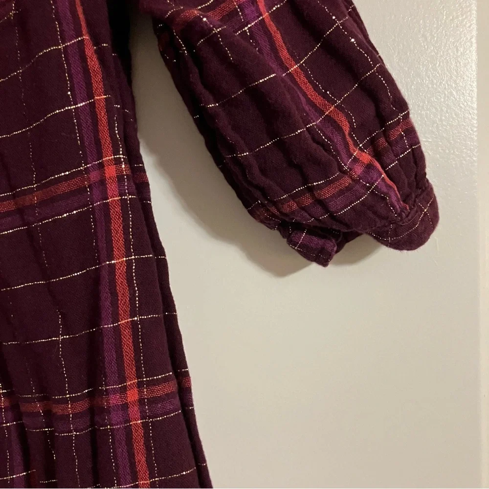 Old‎ Navy Girl’s Sz 4T Burgundy & Gold Metallic-Plaid Swing Dress 3/4 Sleeves